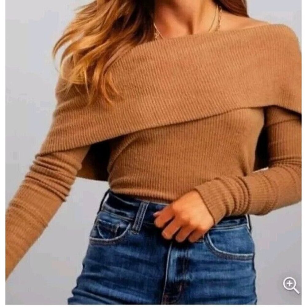 We the Free Snow Bunny Sz XS Off Shoulder Cowl Neck Ribbed Sweater Caramel